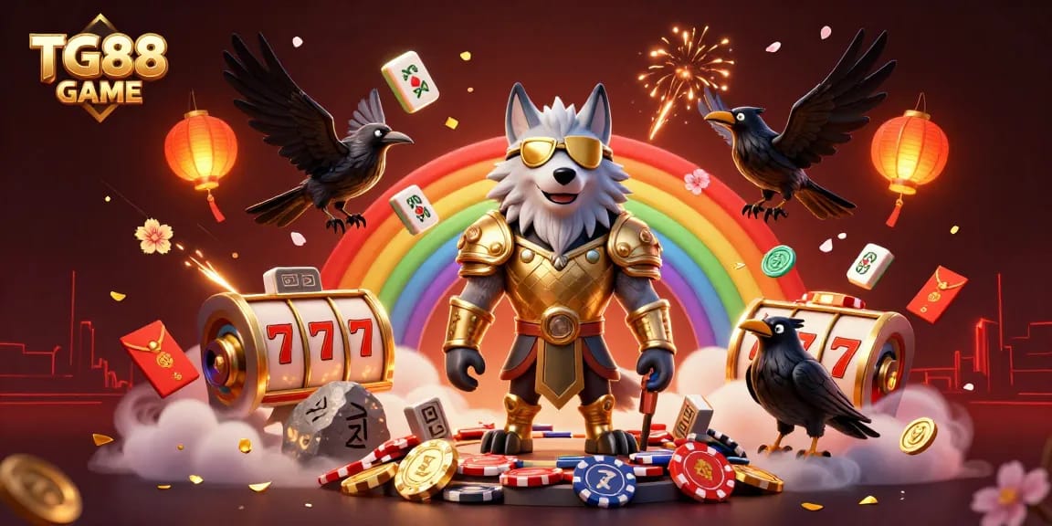 Engage in thrilling moments with the TG88 GAME as a mystical wolf and ravens navigate a vibrant casino world.