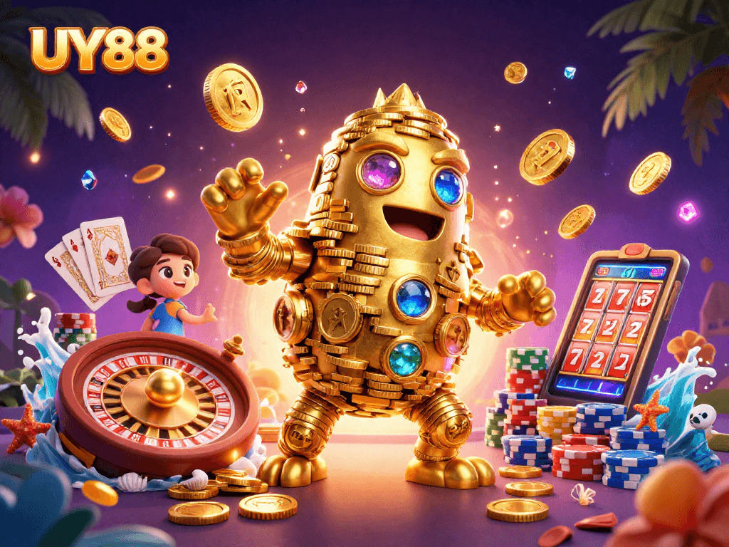 Experience UY88's enchanting world of gambling with the golden golem and vibrant game elements.