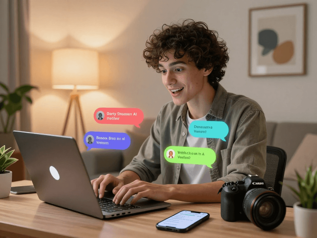 Engaging AI dirty chat in a cozy home office, showing vibrant interactions and technology.