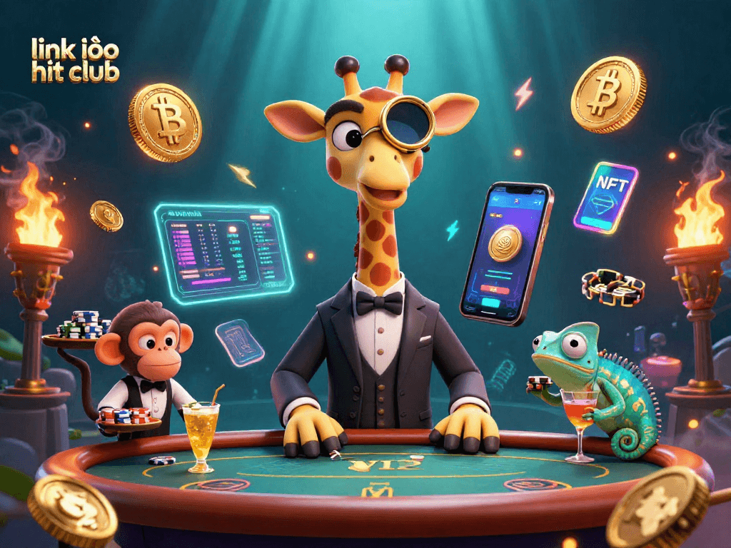 Engage with the interactive link vào hit club scene featuring a giraffe high-roller at a poker table.