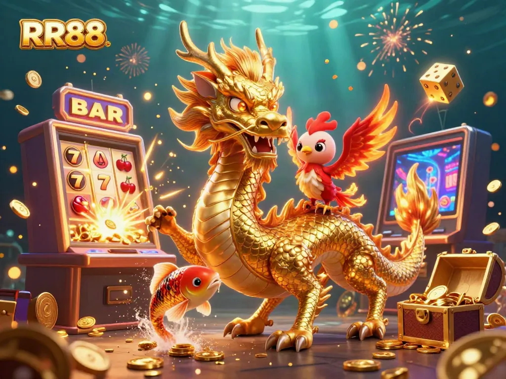 Experience thrilling gaming with RR88's vibrant 3D illustration of casino excitement.