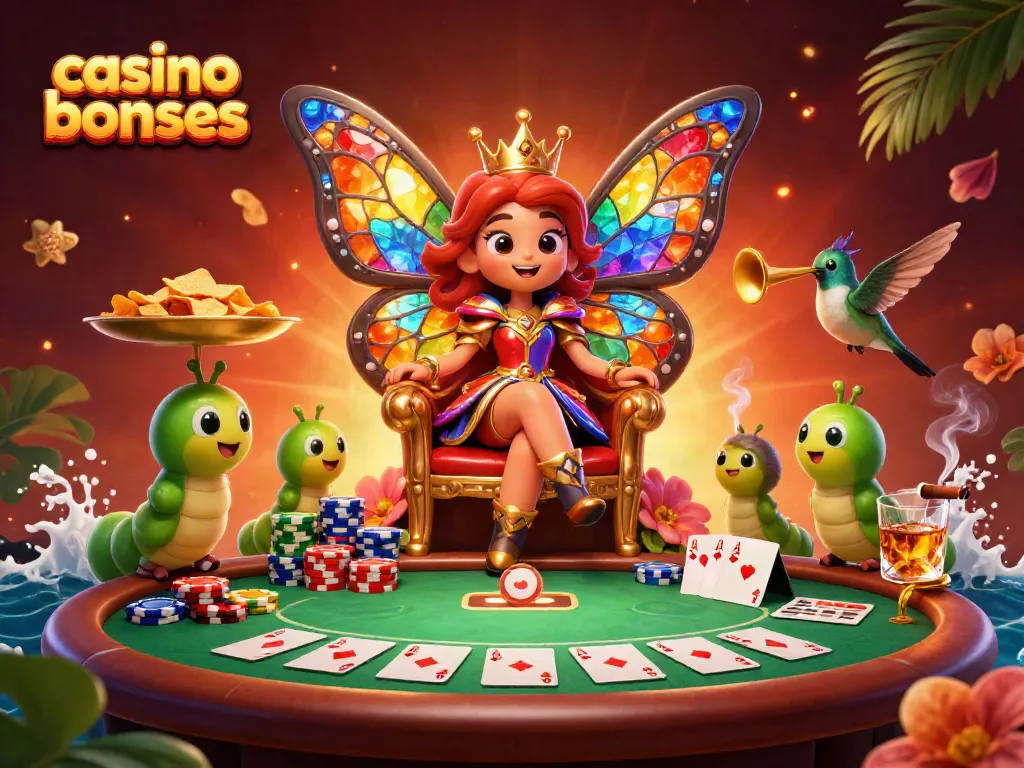 Experience amazing casino bonuses with our vibrant 3D butterfly queen illustration filled with poker elements.