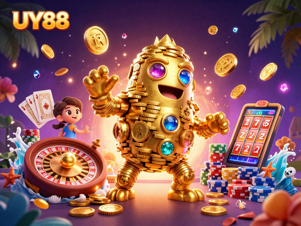 Experience UY88's enchanting world of gambling with the golden golem and vibrant game elements.