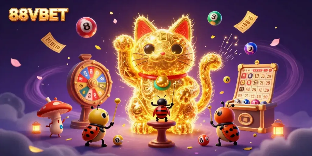 Experience the vibrant world of 88VBET with a lucky cat and dynamic casino symbols in a captivating 3D scene.