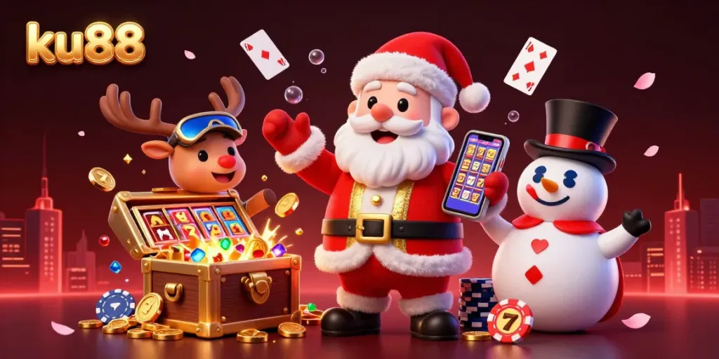 Experience the thrill of ku88 as Santa and friends indulge in casino excitement amidst gold coins and slot reels.