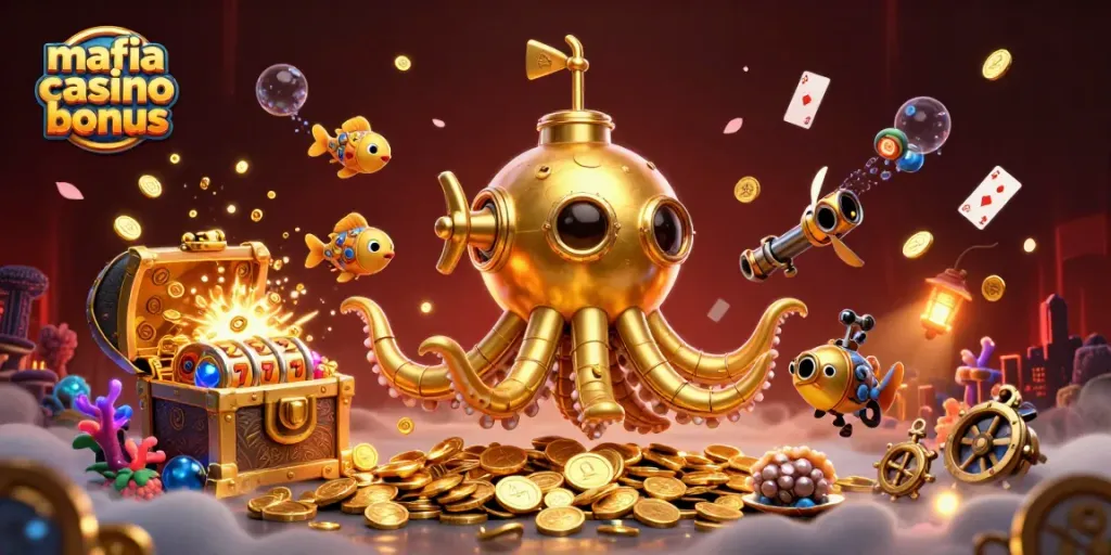 Experience the excitement of the mafia casino bonus with a vibrant 3D underwater scene packed with gold coins and slot reels.
