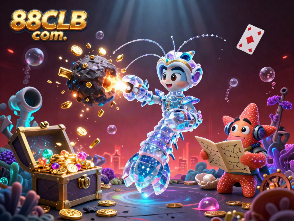 Engage in thrilling gaming action at 88CLB com, where colorful gems burst as the mantis shrimp hero battles an asteroid.