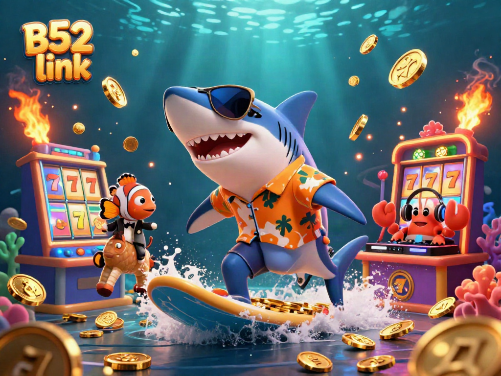 Experience the thrill of gambling with B52 link, featuring a shark surfing on gold coins amidst vibrant slot machine elements.