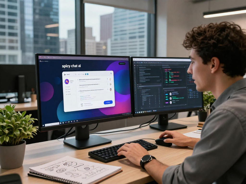 Engaging workspace showcasing "spicy chat ai" features on dual monitors, highlighting tech innovation.