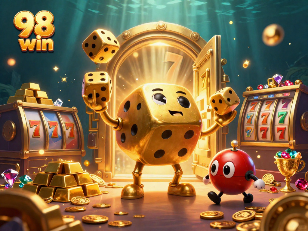 Engage with the thrilling world of 98 win, featuring dynamic 3D dice and casino elements.