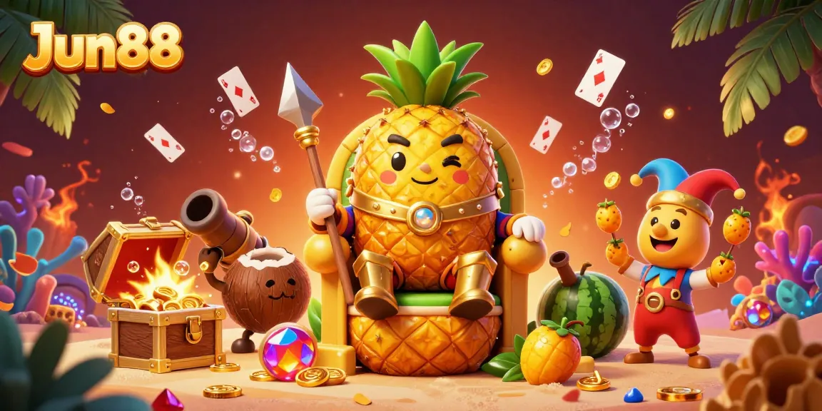 Experience thrilling gameplay at Jun88 with a vibrant beach casino scene featuring a golden pineapple king, treasure, and dynamic gaming elements.