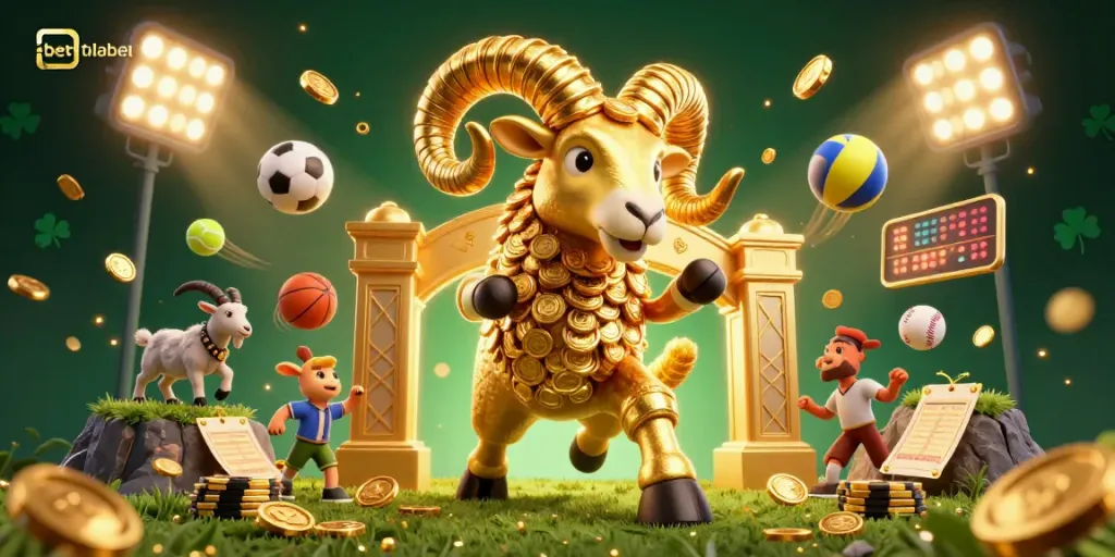 Experience the thrill of betting at Betlabel with a dynamic illustration of a golden ram charging through a vibrant casino.