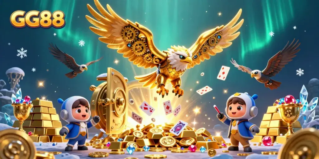 Engaging GG88 gaming illustration featuring an eagle and holographic cards amidst treasure.