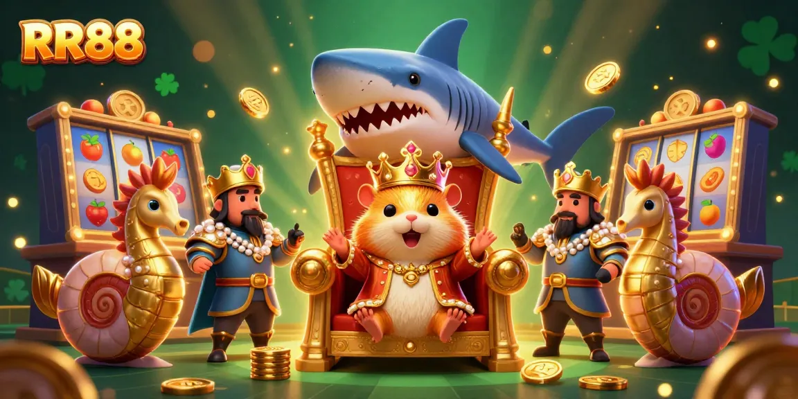 RR88 shines with dynamic slot machines, showcasing a golden hamster king and seahorse guards in a vibrant casino scene.
