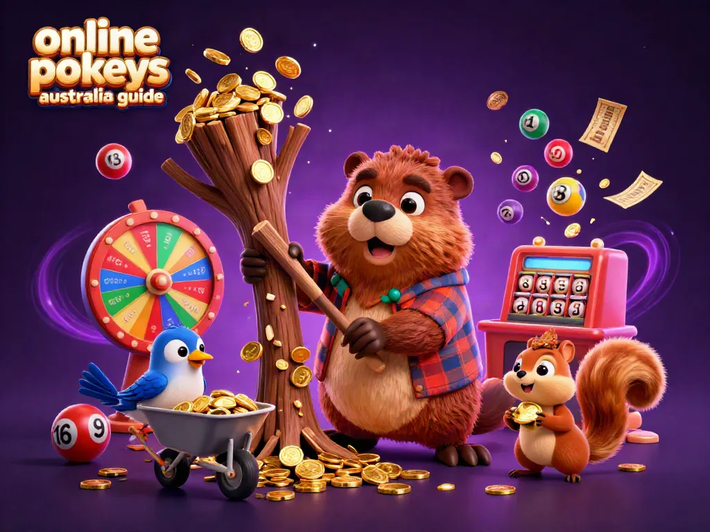 Engage with the online pokies Australia guide featuring a beaver and friends amidst colorful arcade elements.