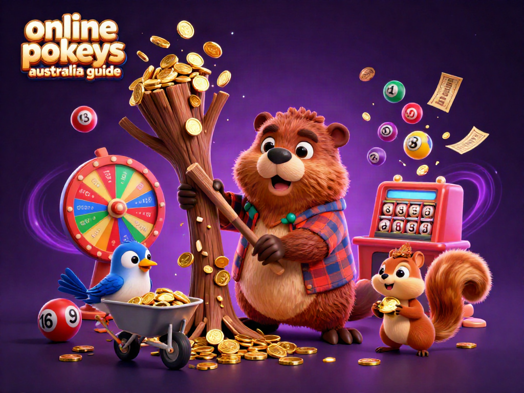 Engage with the online pokies Australia guide featuring a beaver and friends amidst colorful arcade elements.