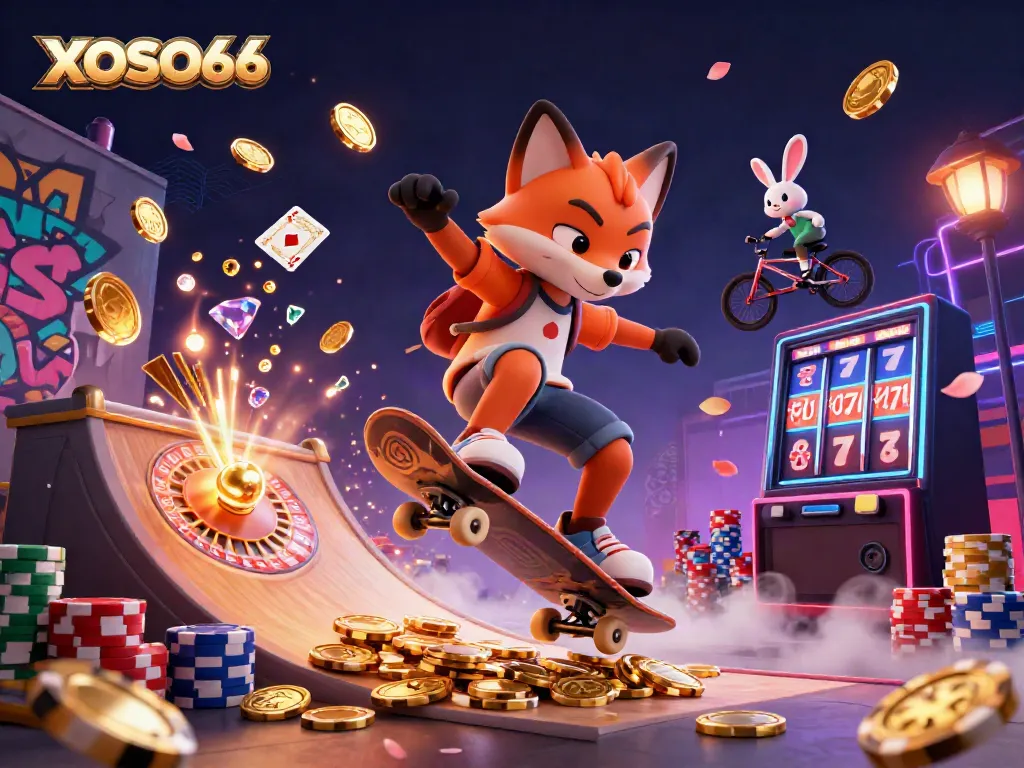 XOSO66 showcases a dynamic 3D scene featuring a skateboarder fox and BMX rabbit amid casino elements, demonstrating thrilling gaming excitement.