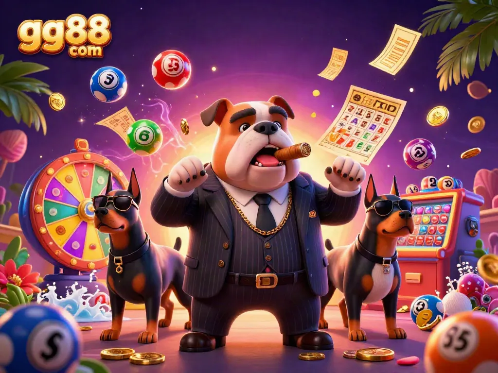 Engage with exciting gameplay at gg88 com featuring a cartoon mafia dog and dynamic lottery elements.