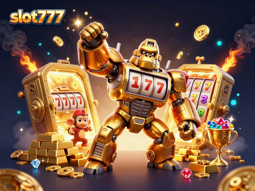 Experience big wins with slot777 in this vibrant 3D casino illustration featuring a golden gorilla mech.