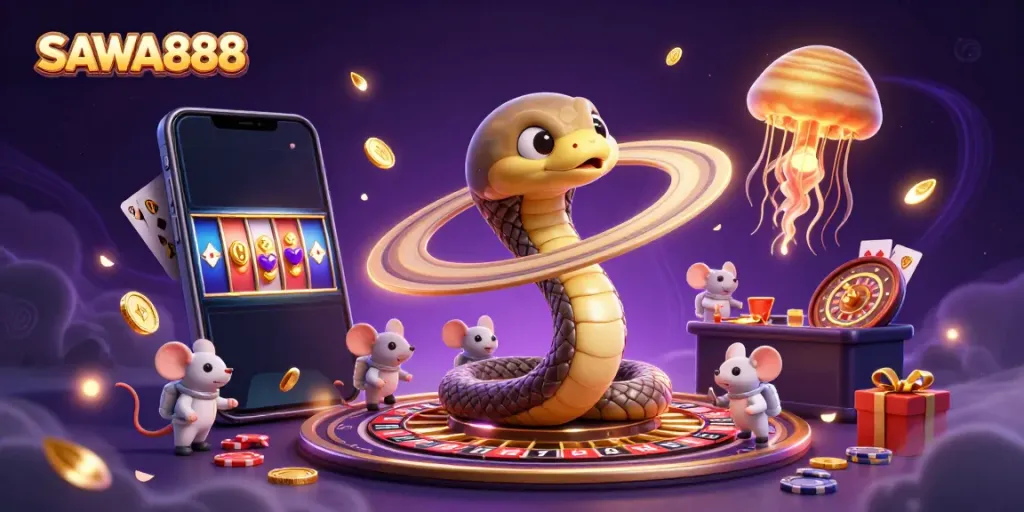 Engage with SAWA888's thrilling slot games as astronaut mice bet on a cosmic roulette wheel.