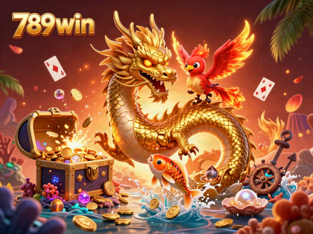 Experience the excitement of 789win with a fiery dragon, phoenix, and koi fish in a vibrant casino scene