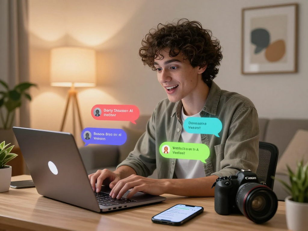 Engaging AI dirty chat in a cozy home office, showing vibrant interactions and technology.