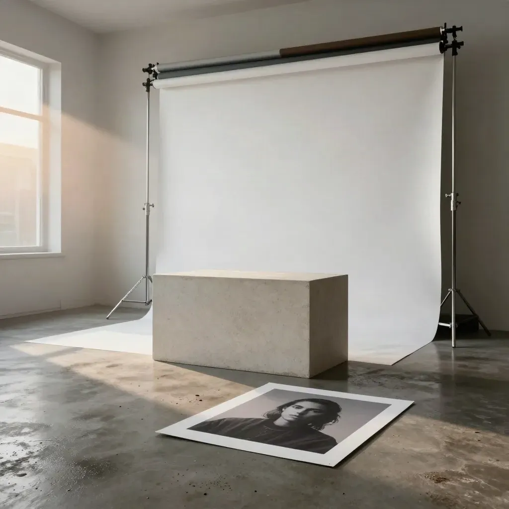 Studio fotografico cinematografico con parete seamless, pedana, teli e stampa ritratto in luce ambrata.