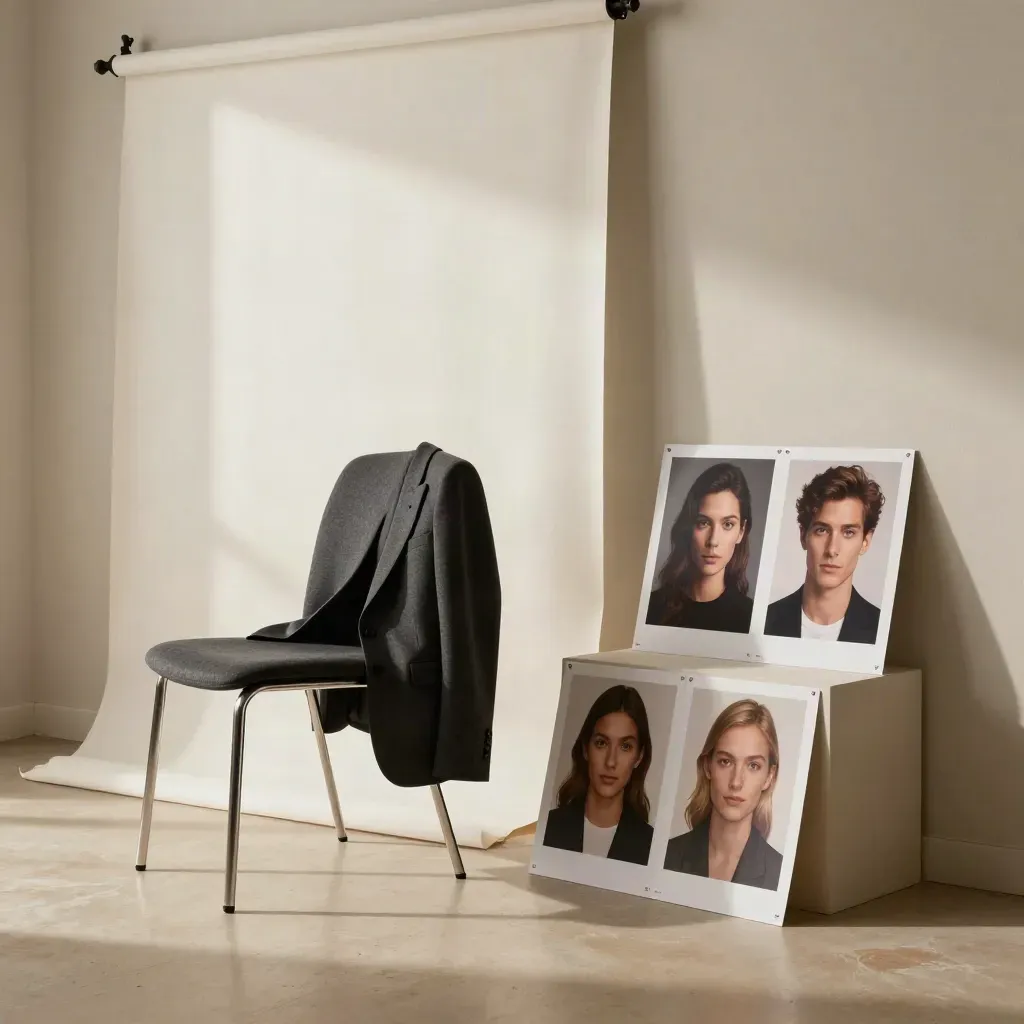 Set per ritratti business con sfondo bianco, sedia elegante, blazer e stampe headshot.