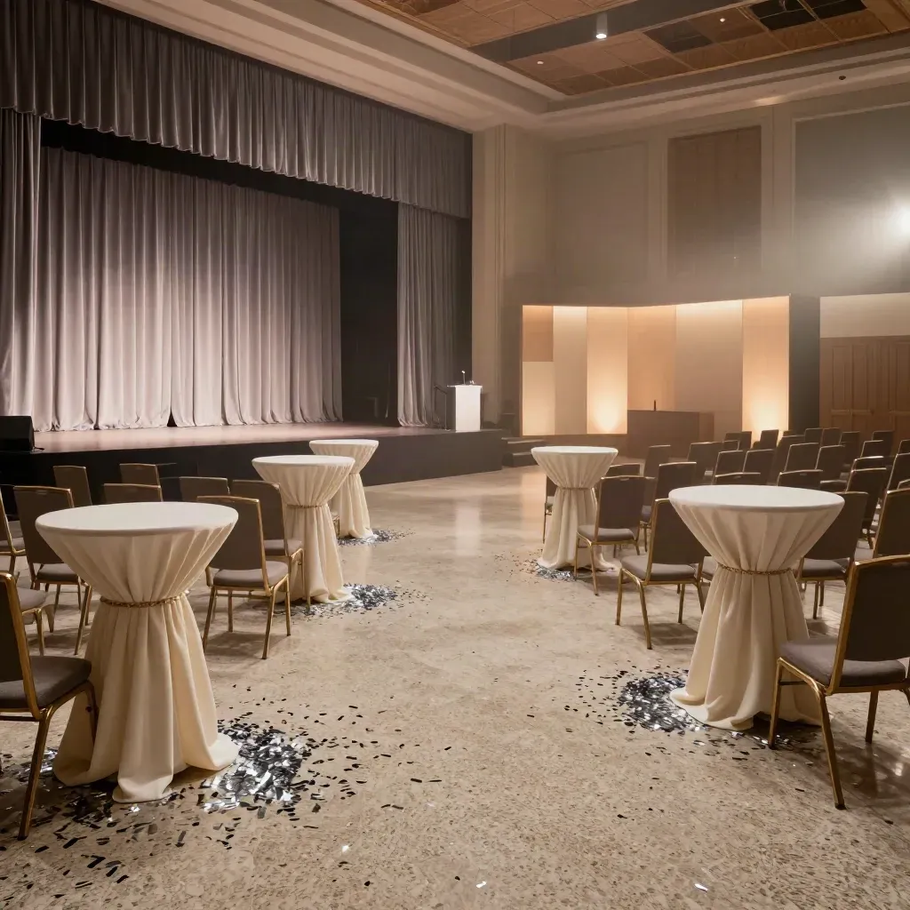 Sala conferenze vuota con palco acceso, coriandoli, tavolini cocktail e angolo foto illuminato.
