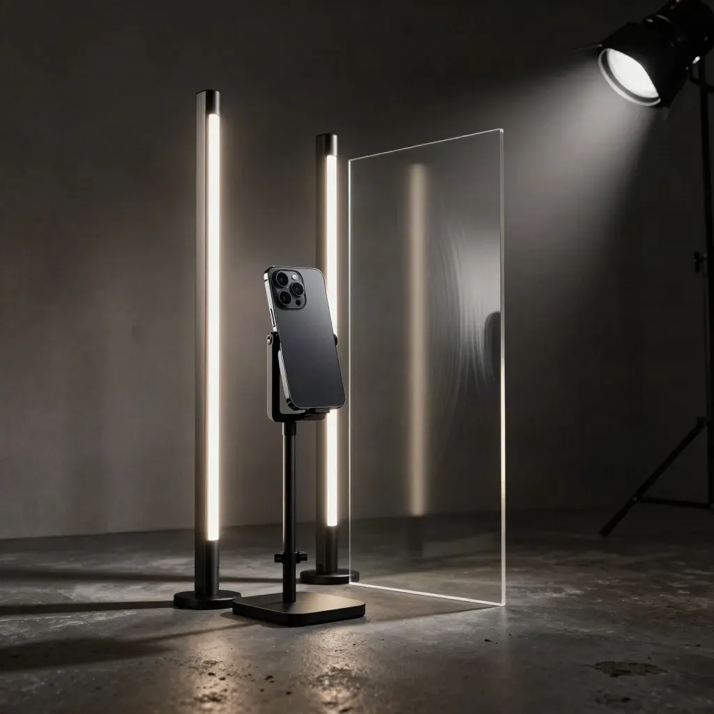 Setup verticale per clip social con telefono, barre LED e slats acrilici riflettenti in studio