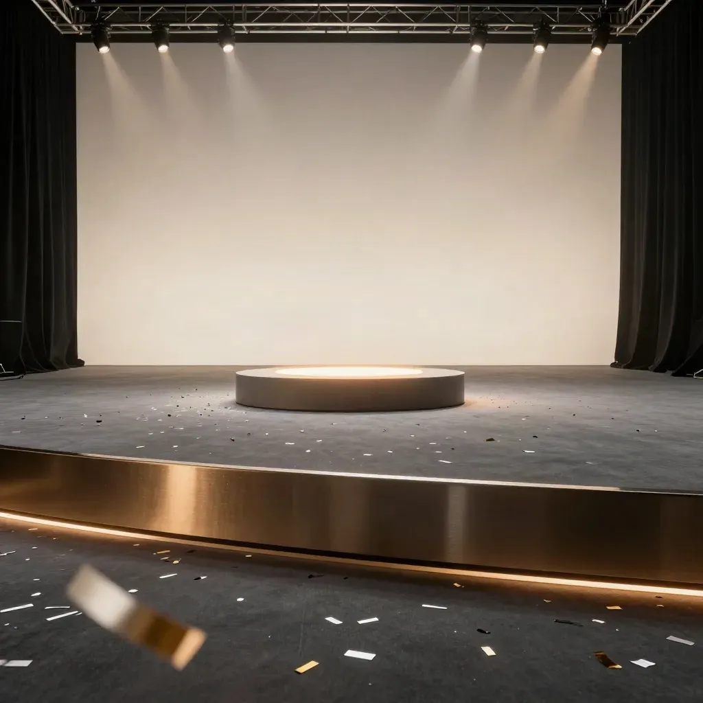 Palco vuoto dopo il lancio, pedana luminosa, coriandoli e luci sospese.