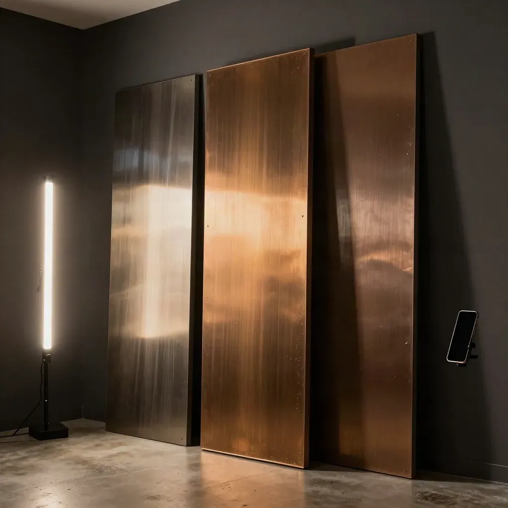 Tre pannelli verticali di test, tubo LED e smartphone su supporto nero in un set cinematografico