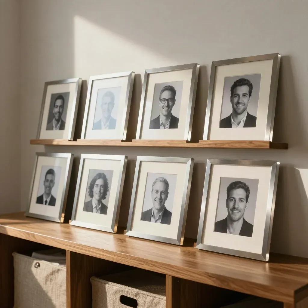 Griglia di ritratti founder in cornici acriliche satin, pronta su mensola minimal.
