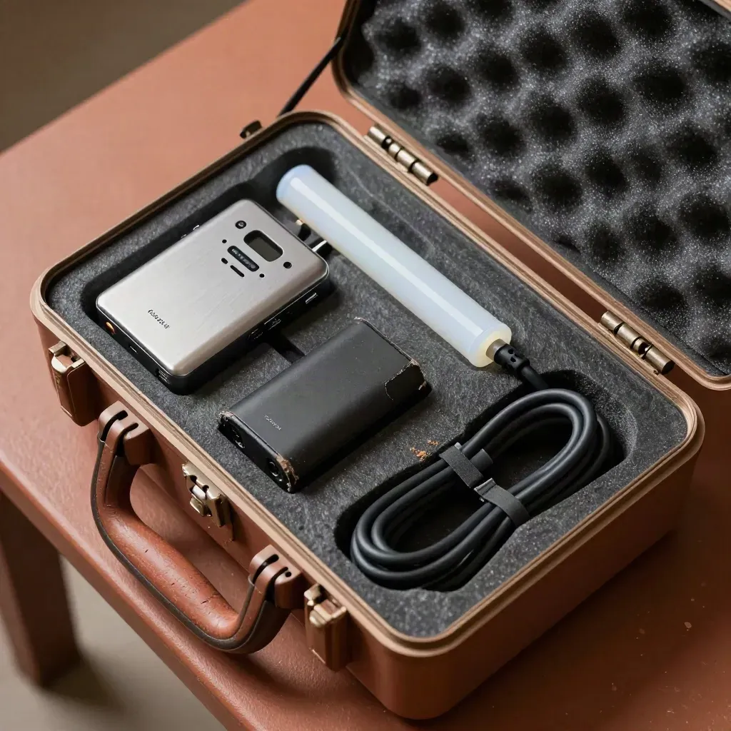 Kit audio video in valigetta rigida, vista dall'alto, con receiver, tubo LED e batteria.