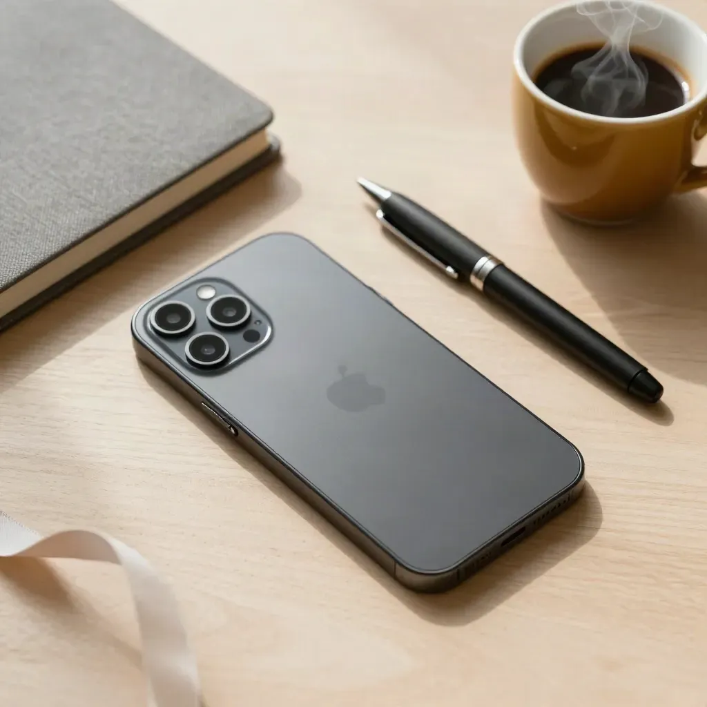 Flatlay dall'alto con smartphone, taccuino chiuso, penna ed espresso su legno chiaro.