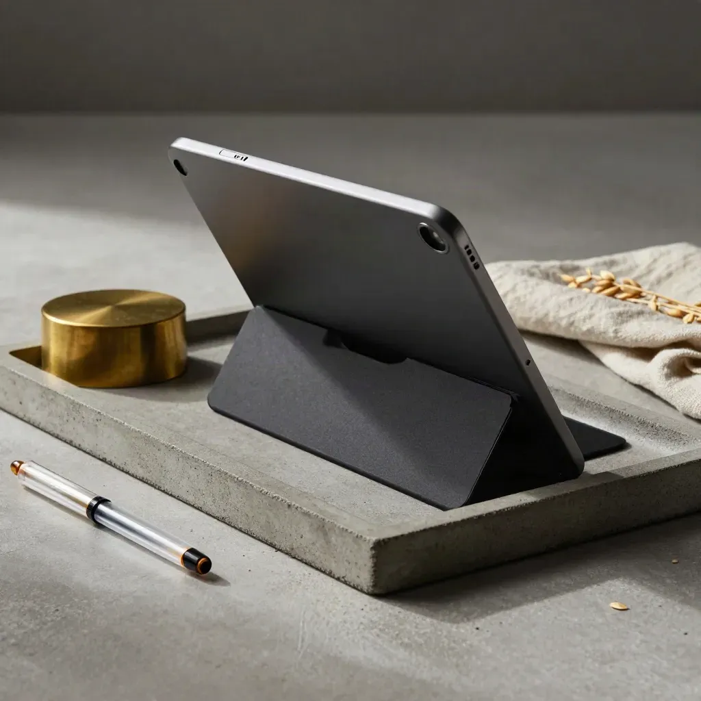 Tablet scuro, fermacarte in ottone e segnaposto acrilico su vassoio in cemento e lino neutro.