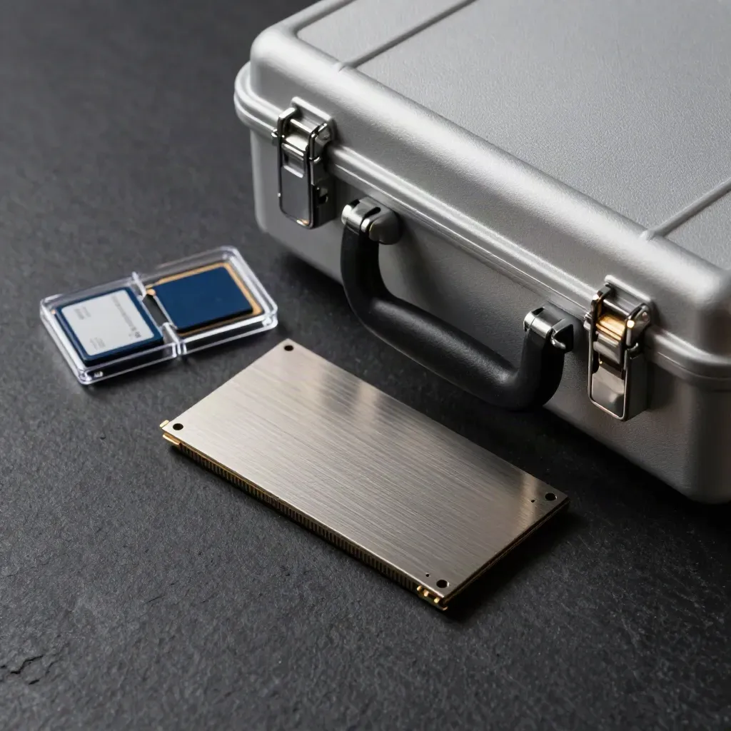 SSD, due memory card e valigetta corriere su fondo nero, luce morbida dall'alto