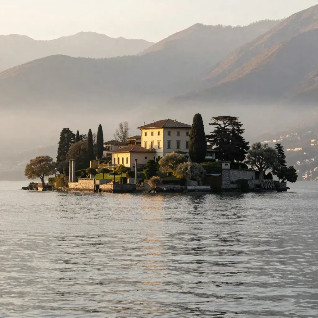 Lago di Como all’alba con villa chiara, acqua argentea e Alpi velate nella foschia.
