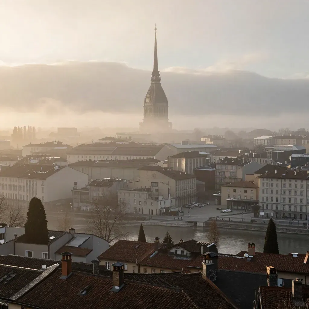 Torino nella nebbia dell’alba con la Mole Antonelliana sopra i tetti