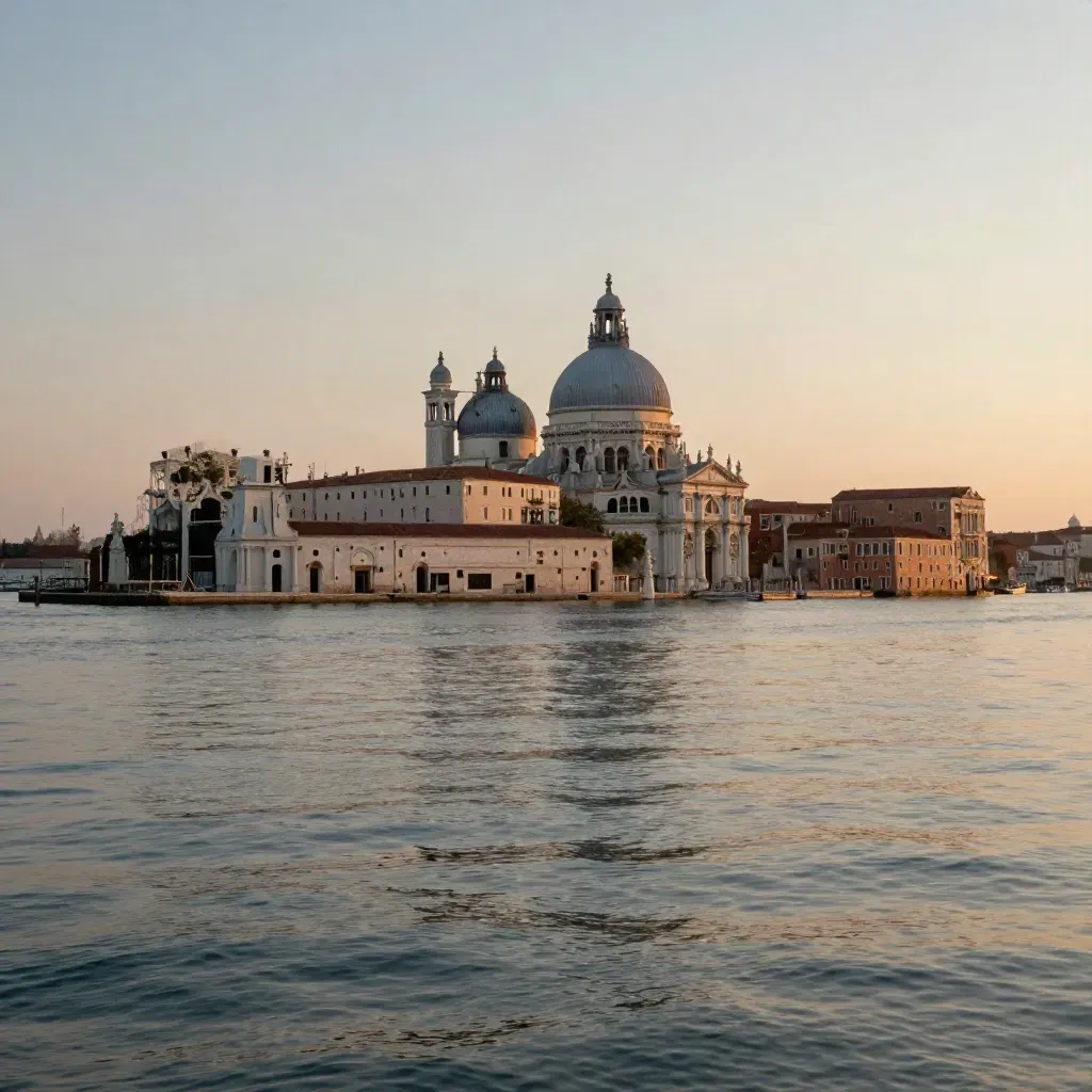 Laguna veneziana al tramonto con San Giorgio Maggiore e riflessi dorati sull’acqua calma.