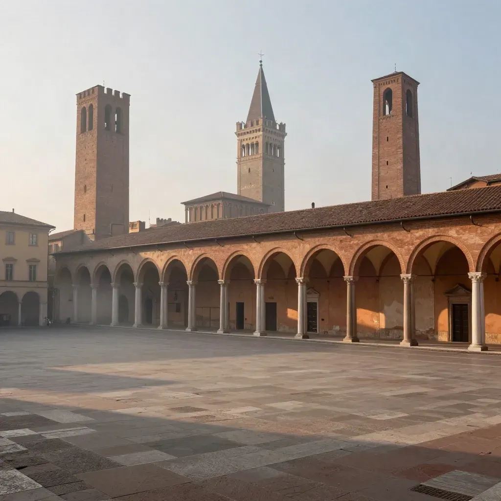 Portici di Bologna e torri gemelle sopra una piazza vuota nella foschia mattutina.