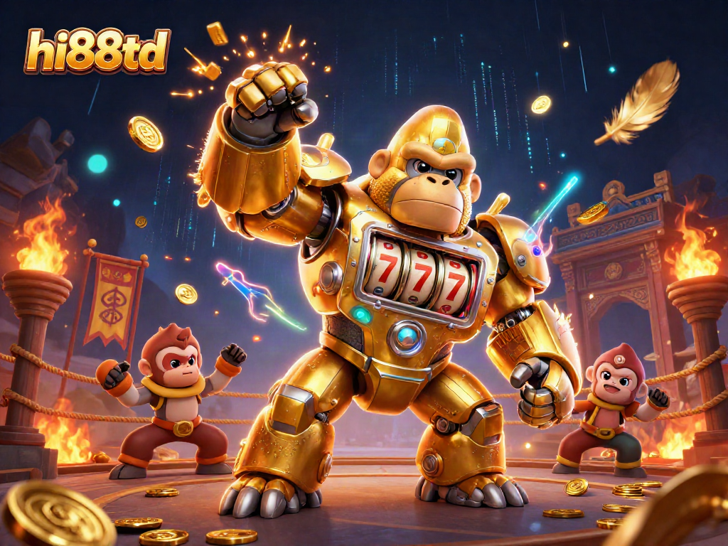 Experience thrilling action with hi88td's golden gorilla mech amidst slot machine excitement and vibrant casino elements.
