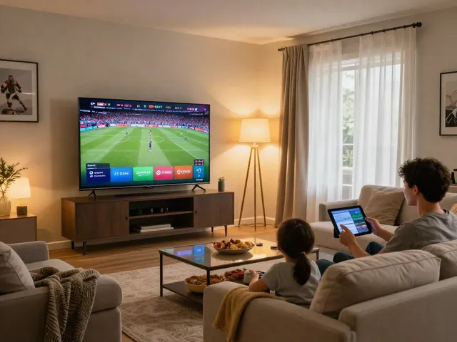 Family enjoying Miglior Iptv in a cozy living room with a large TV and snacks.