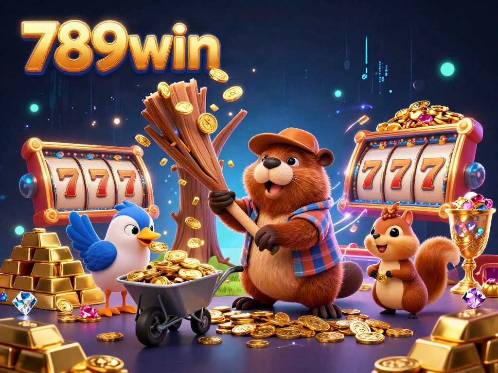Experience the thrill of winning with 789win - a vibrant casino scene bustling with animated characters gathering treasure.