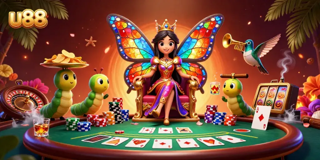 Engage with u88's vibrant casino atmosphere, featuring a butterfly queen casino scene with colorful game elements.