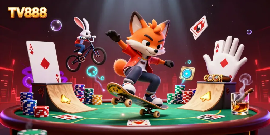 Engage with TV888 in a vibrant, action-packed casino-themed scene featuring dynamic characters and game elements.
