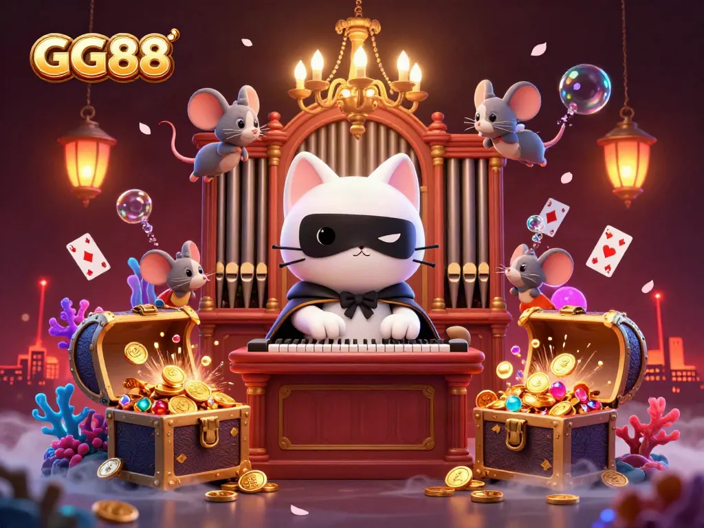 Experience the thrill of GG88 with a whimsical 3D illustration of a phantom cat at a casino organ amidst gems and playing cards.
