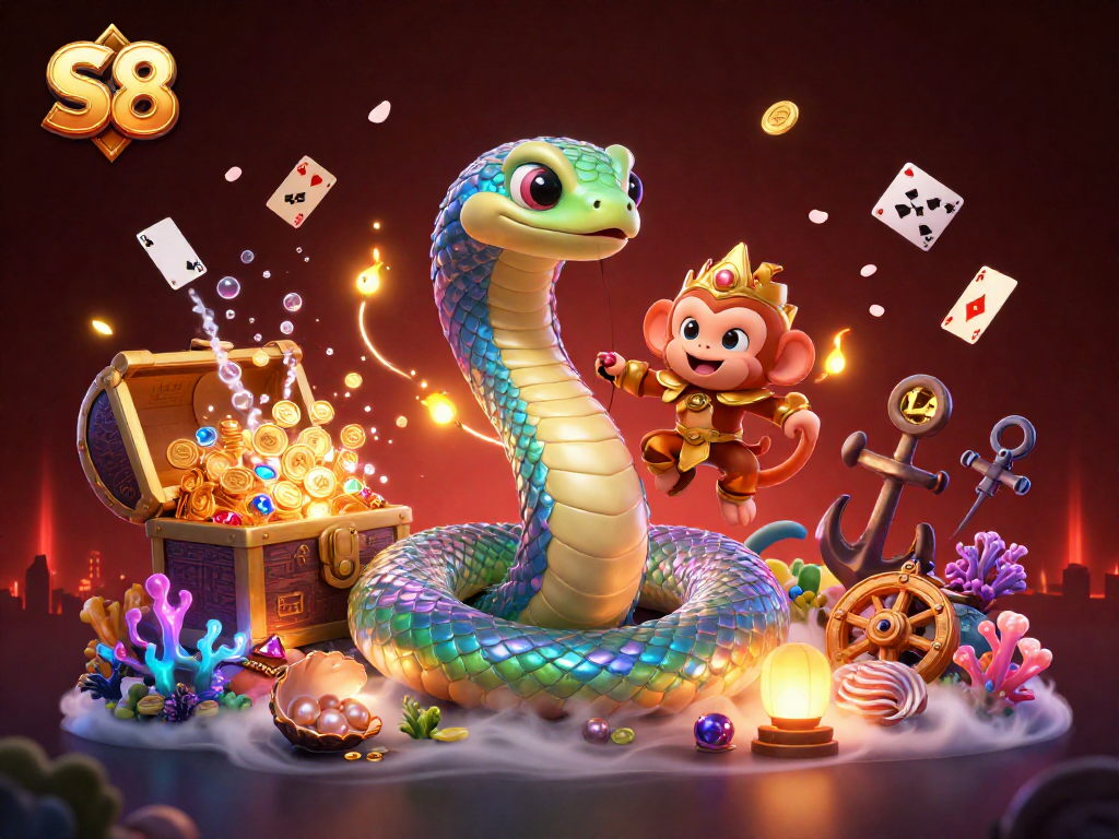S8 offers an exciting gambling experience featuring a vibrant 3D scene with a rainbow serpent and treasure hunt theme.