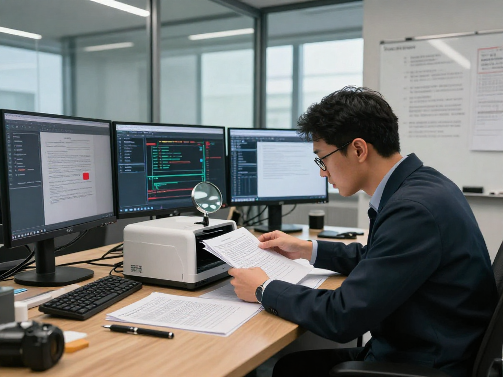 Document fraud detection scene with forensic analyst examining papers and advanced software in a professional office.
