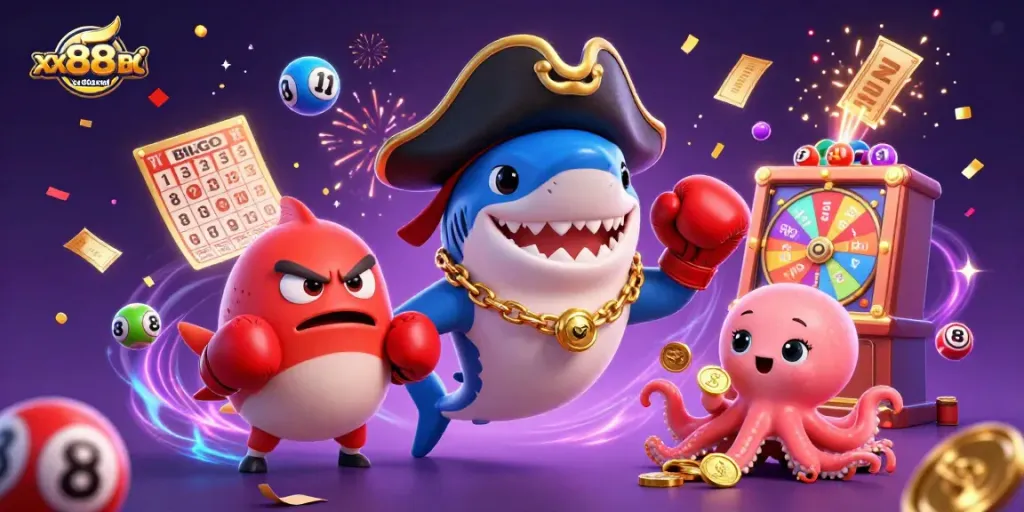 Experience exciting gameplay with the xx88brand pirate and his friends in a colorful casino world.